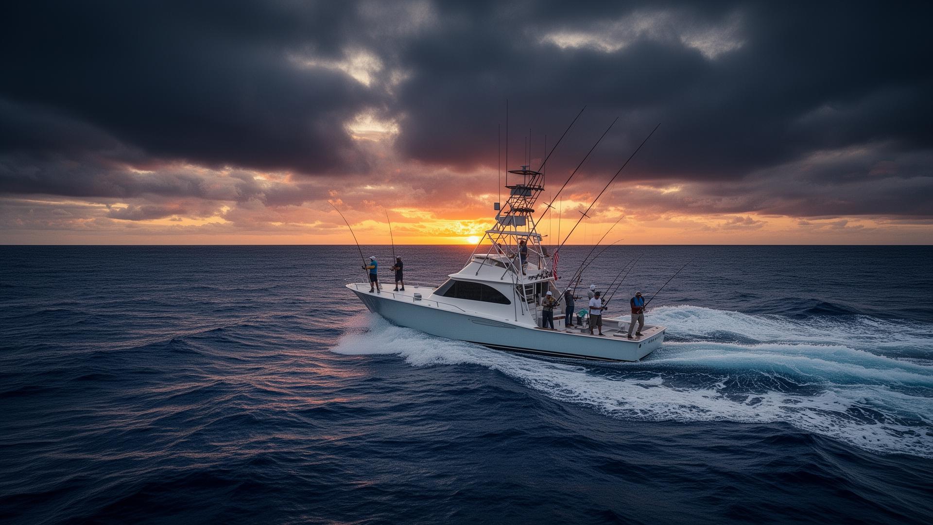 Sportfishing boat at sunset